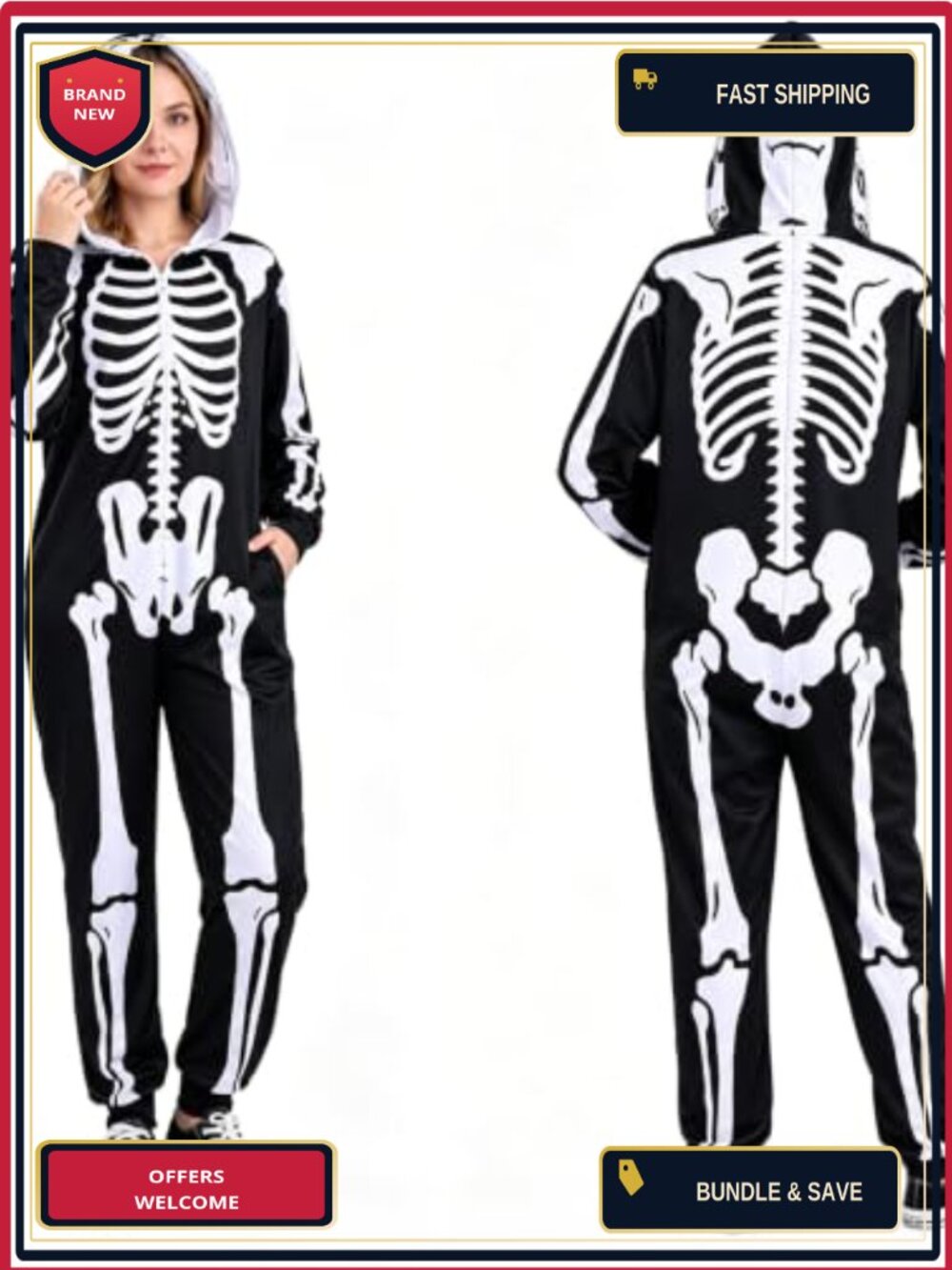 Adult Skeleton Onesie Halloween Costume Unisex Jumpsuit with Pockets